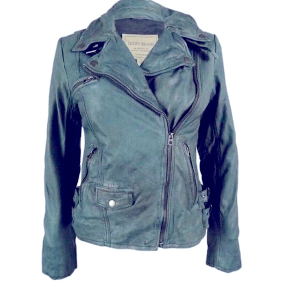 LUCKY BRAND Castle Rock Moto Jacket Leather Grey Green Large